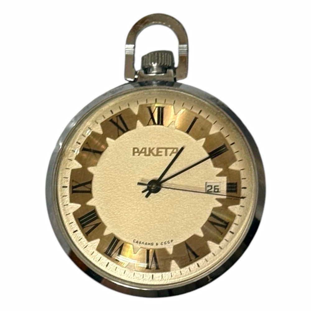 Vintage Soviet USSR Raketa Mechanical Pocket Watch Roman Numerals Date
